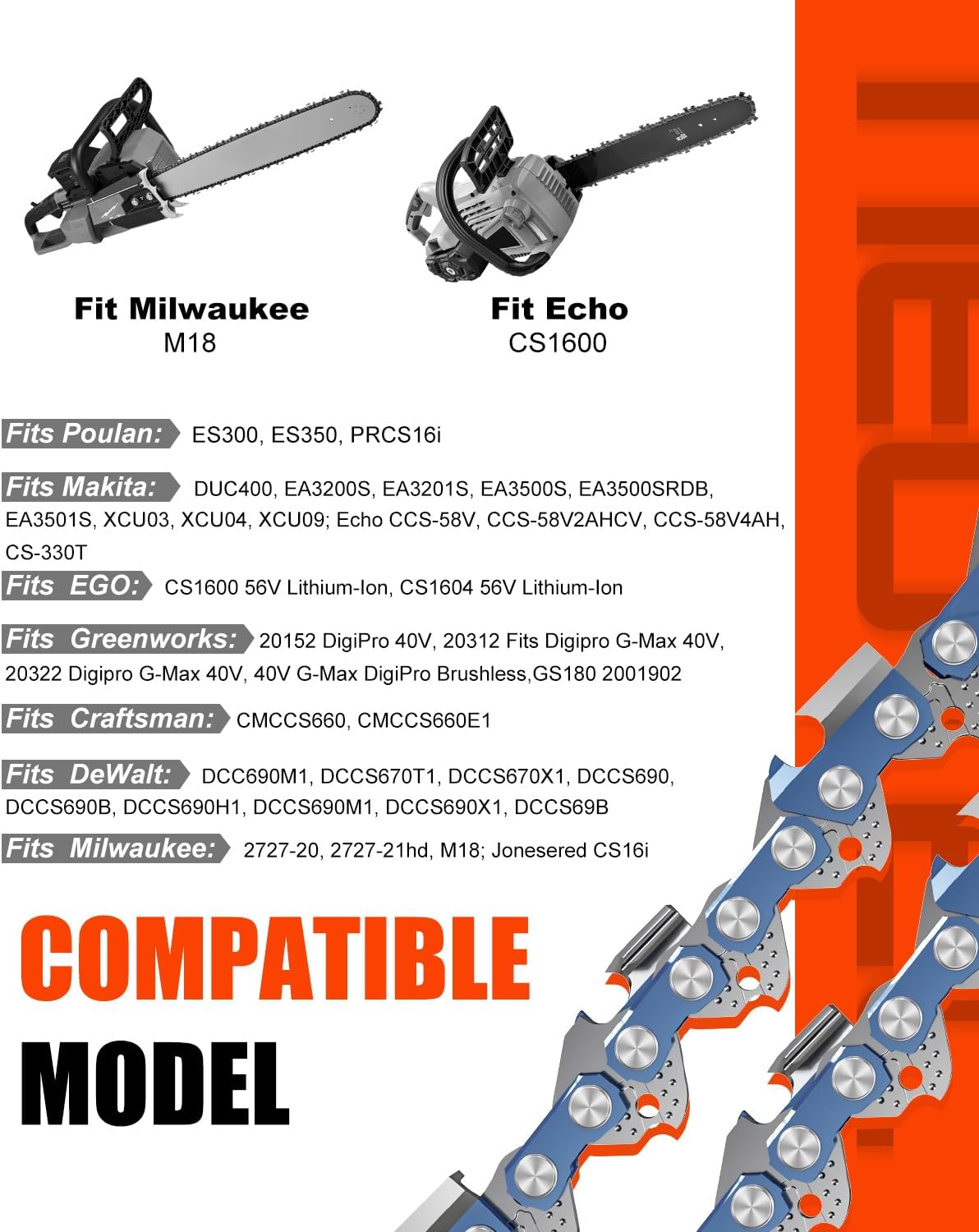 NEO-TEC 16 Inch Chainsaw Chain 3/8" LP Pitch .043" Gauge 56 Drive Links, Fits For Milwaukee M18 Chainsaw Chain 16 Inch,EGO CS1613, Dewalt DCCS690-49162715, DWO1DT616, Greenworks 20322, R56 (3 Chains)