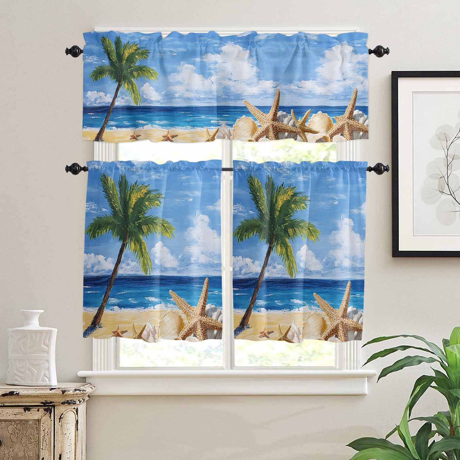 Summer Palm Tree Kitchen Curtains 24 Inch Length, 3 Piece Rod Pocket Small Half Tiers and Valance Set, Beach Ocean Coastal Starfish Shells Small Large Window Treatment Decor for Bedroom/Bathroom Sink