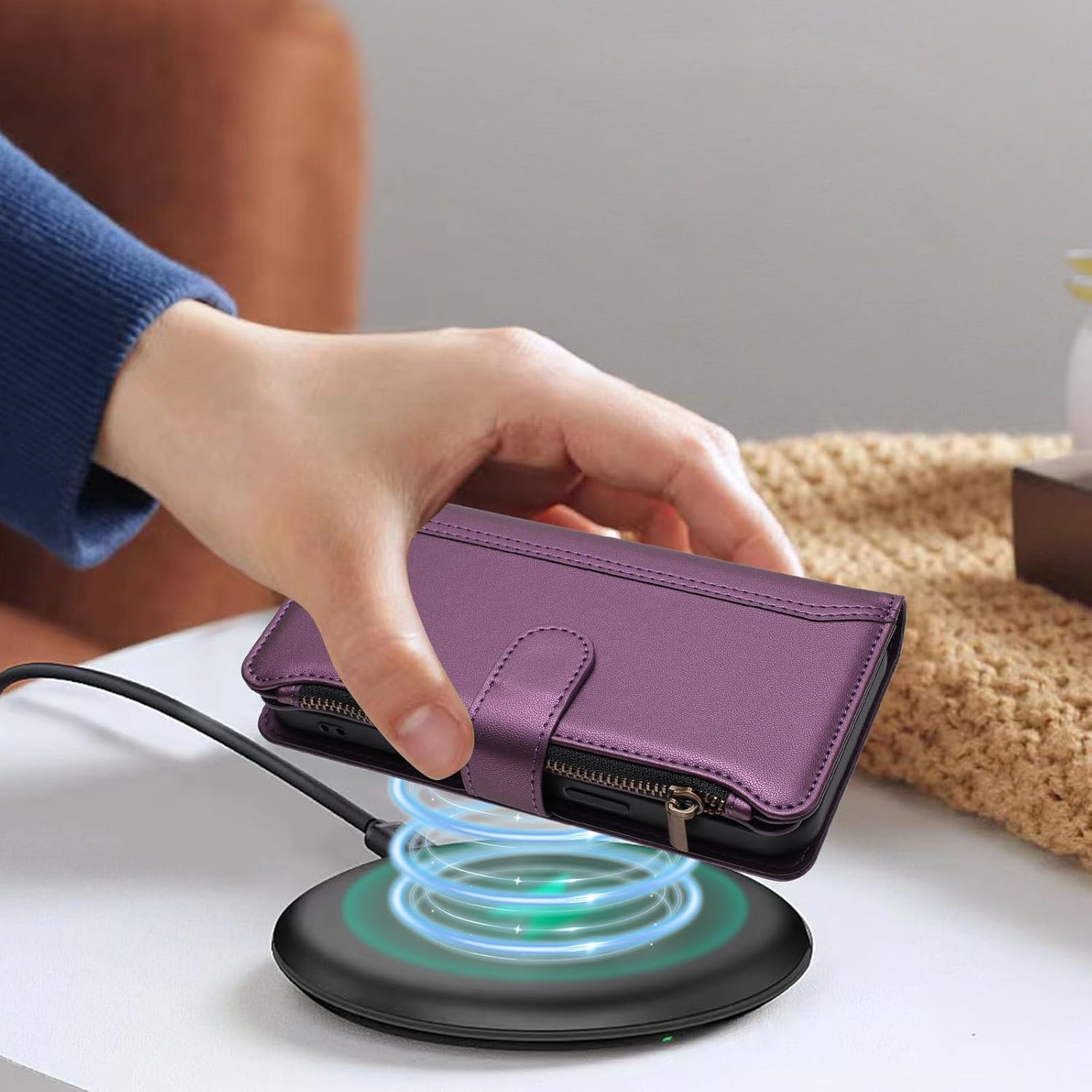 for Oneplus 15 Wallet Case with Card Holder, PU Leather Flip Cover with Wrist Strap Magnetic Zipper Pocket - Purple
