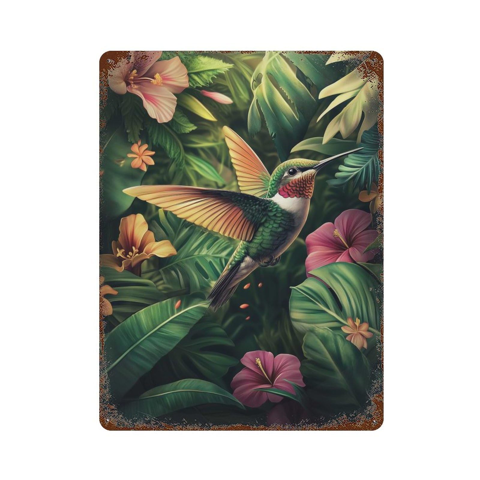 Hummingbird in Tropical Paradise Retro Metal Sign 15.7"x11.8", Farmhouse Wall Decor for Cafe, Home Bar And Lounge Decor