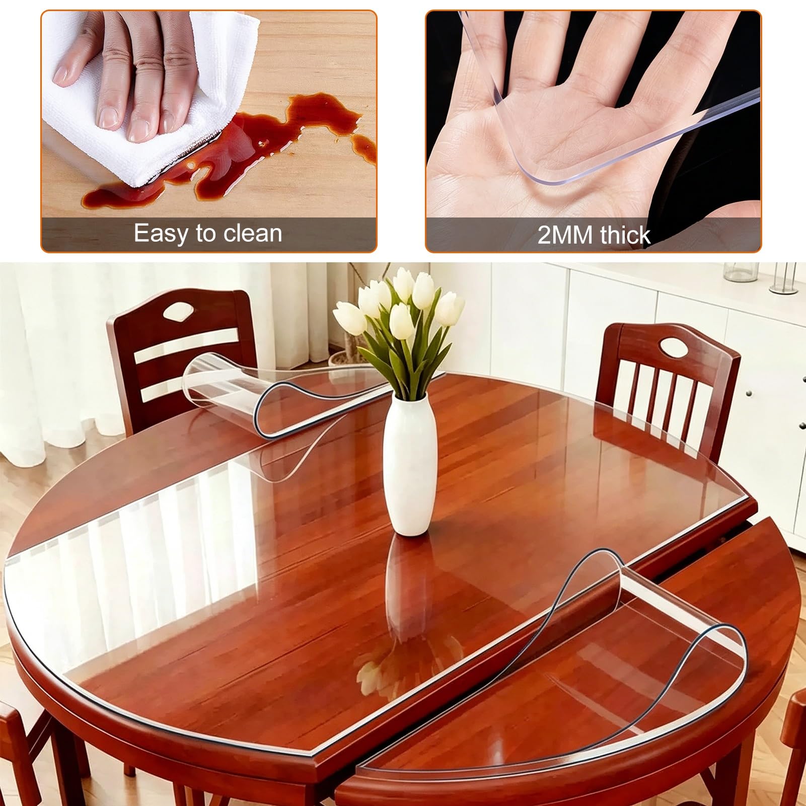 Mantel redondo de PVC impermeable de 100 cm, cubierta de vinilo C de 2 mm de grosor, resistente al aceite y al calor, protector suave para comedor y cocina