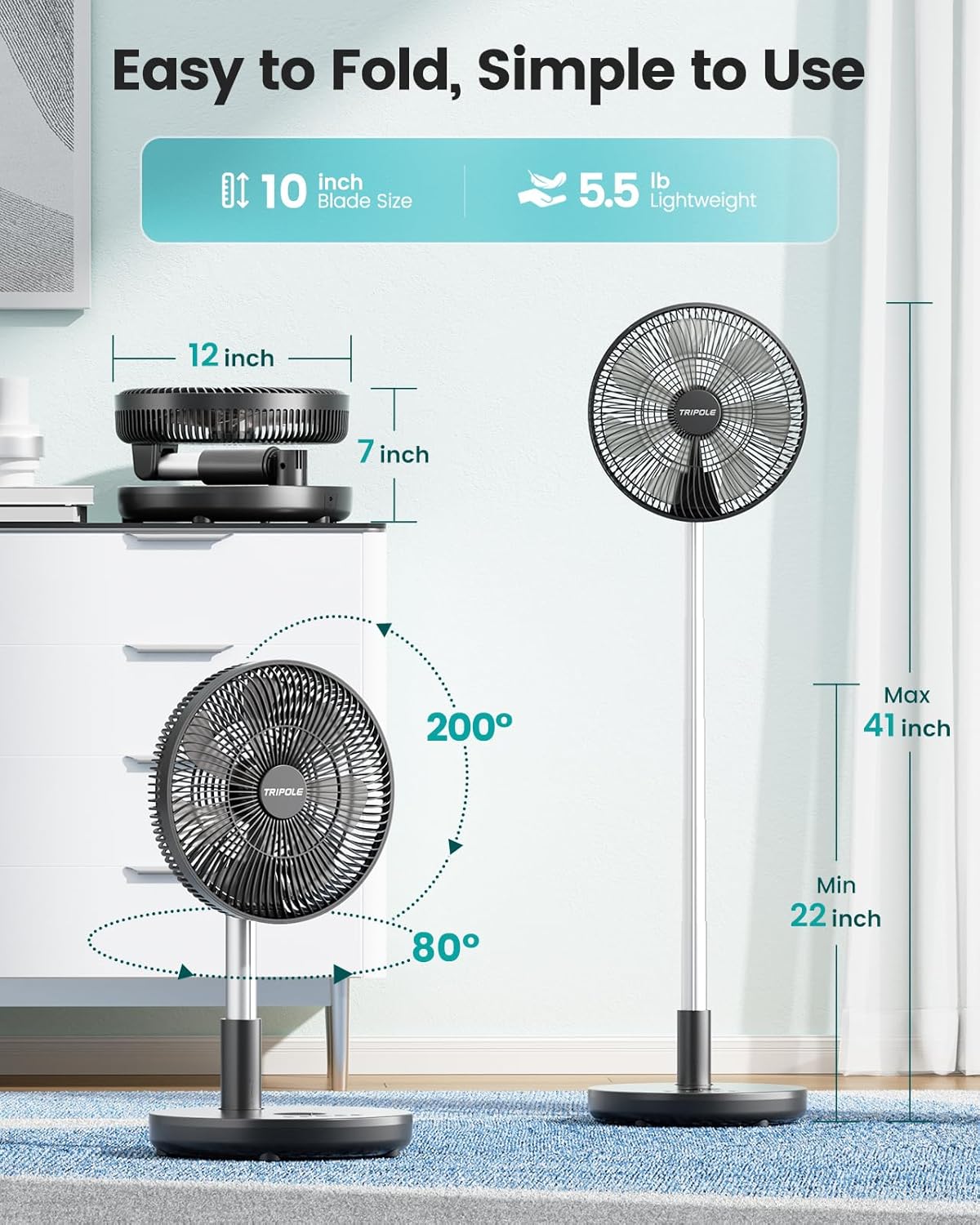 TriPole fan being charged via a wall adapter, with icons indicating 12000mAh battery, 4 hours fast charging, and included wall adapter.