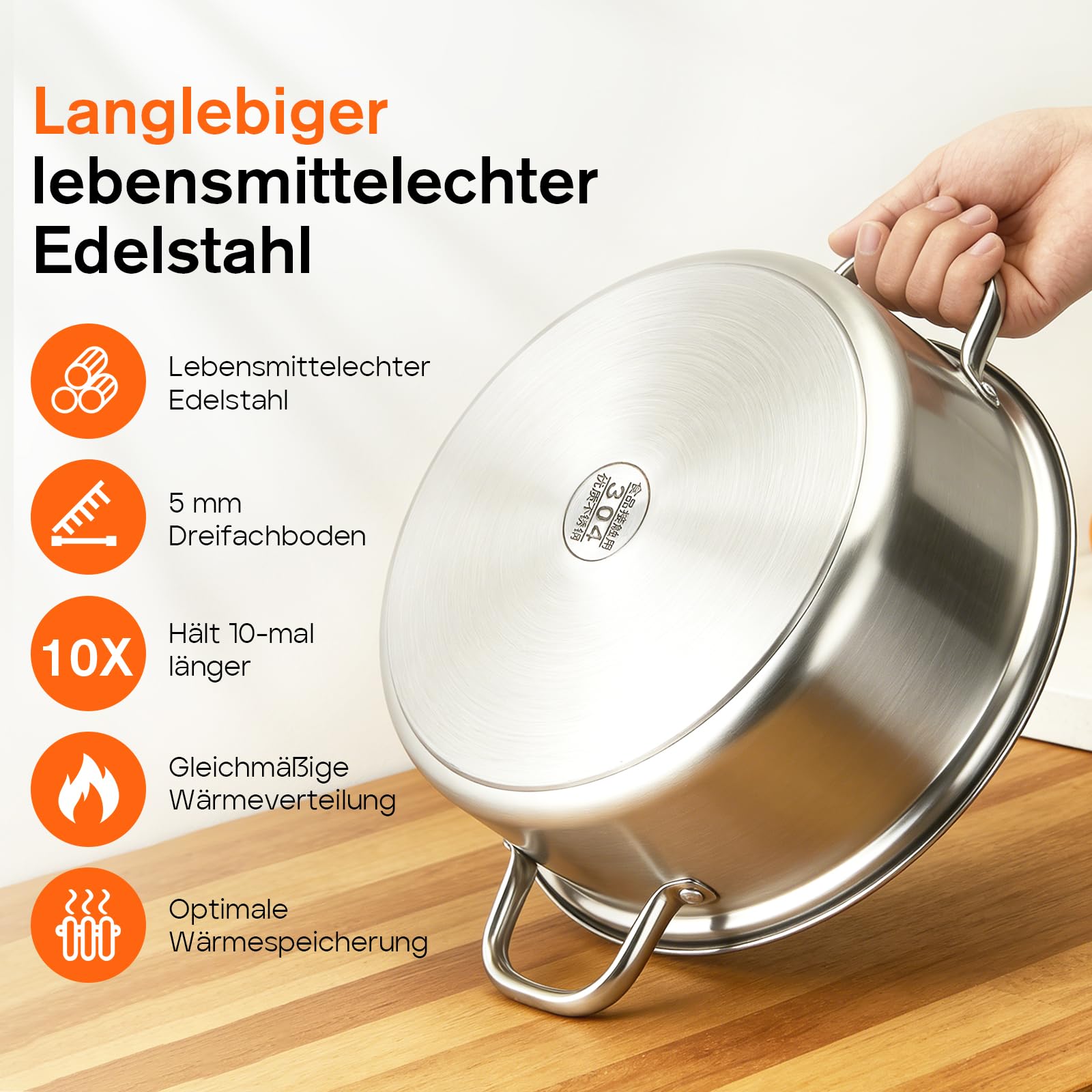Edelstahl Schmorpfanne,Hohe Edelstahl Servierpfanne unbeschichtet & ohne PTFE/PFOA,Pfanne für alle Herdarten, Servierpfanne geschmackserhaltend, Backofenfest(26CM)
