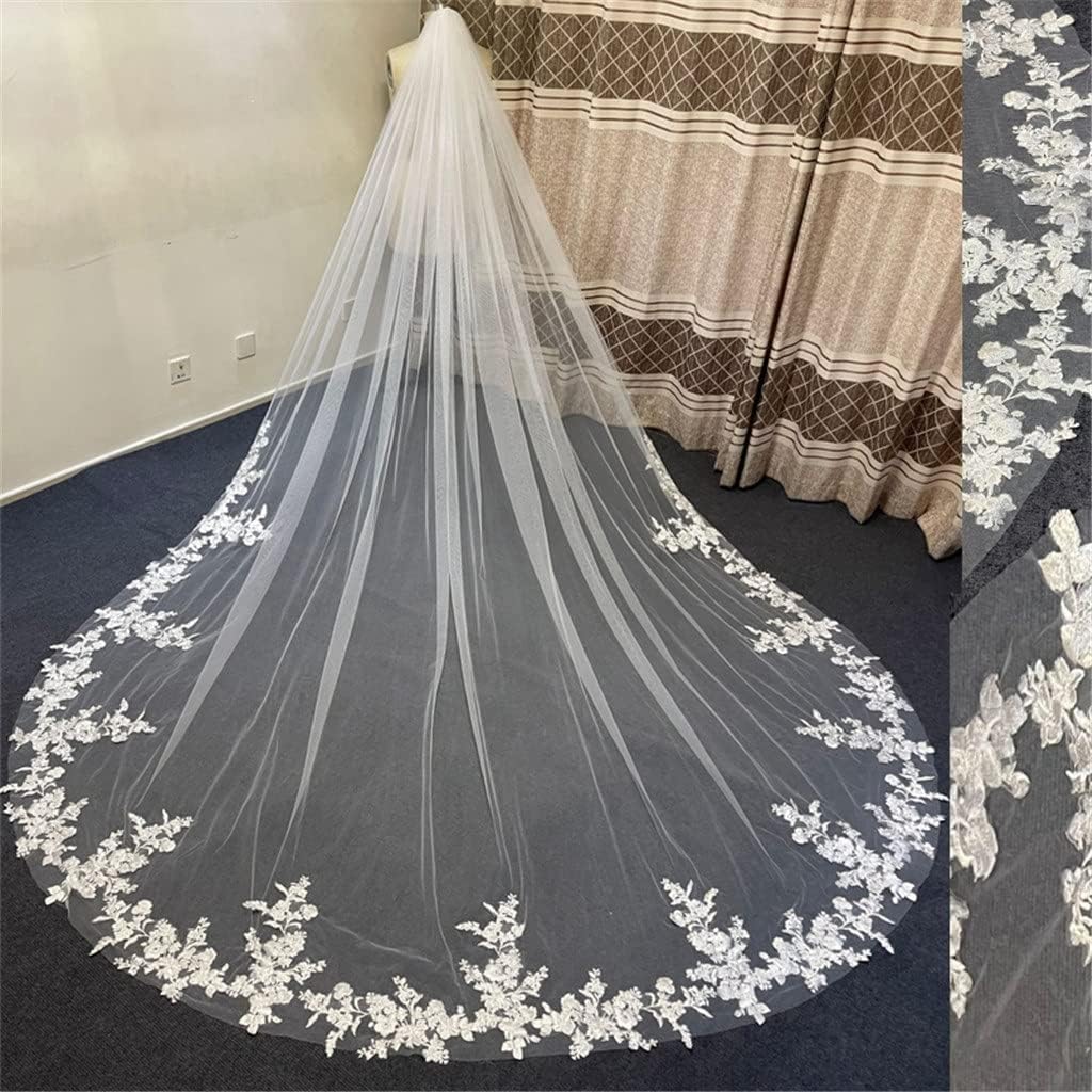 Wedding Veil Lace Applique Bottom Cathedral Veil Flower 1T Bridal Veils Long Wedding Veil with Comb(Ivory)