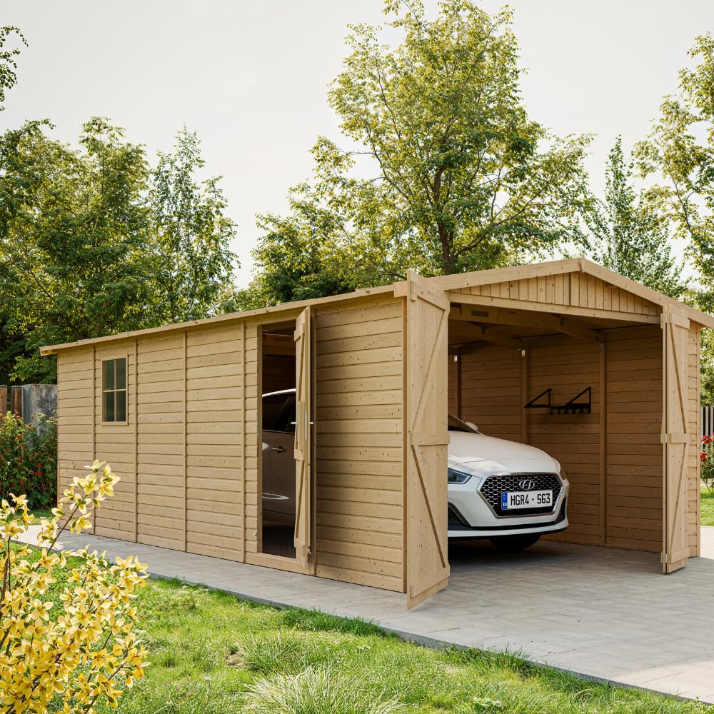 Garaje de Madera Natural - cobertizo en Pino/Abeto - A222x616x324 cm / 18 m² - Construcción Paneles - Taller de jardinería - Almacén de automóviles, cobertizo para Herramientas-TIMBELA M102