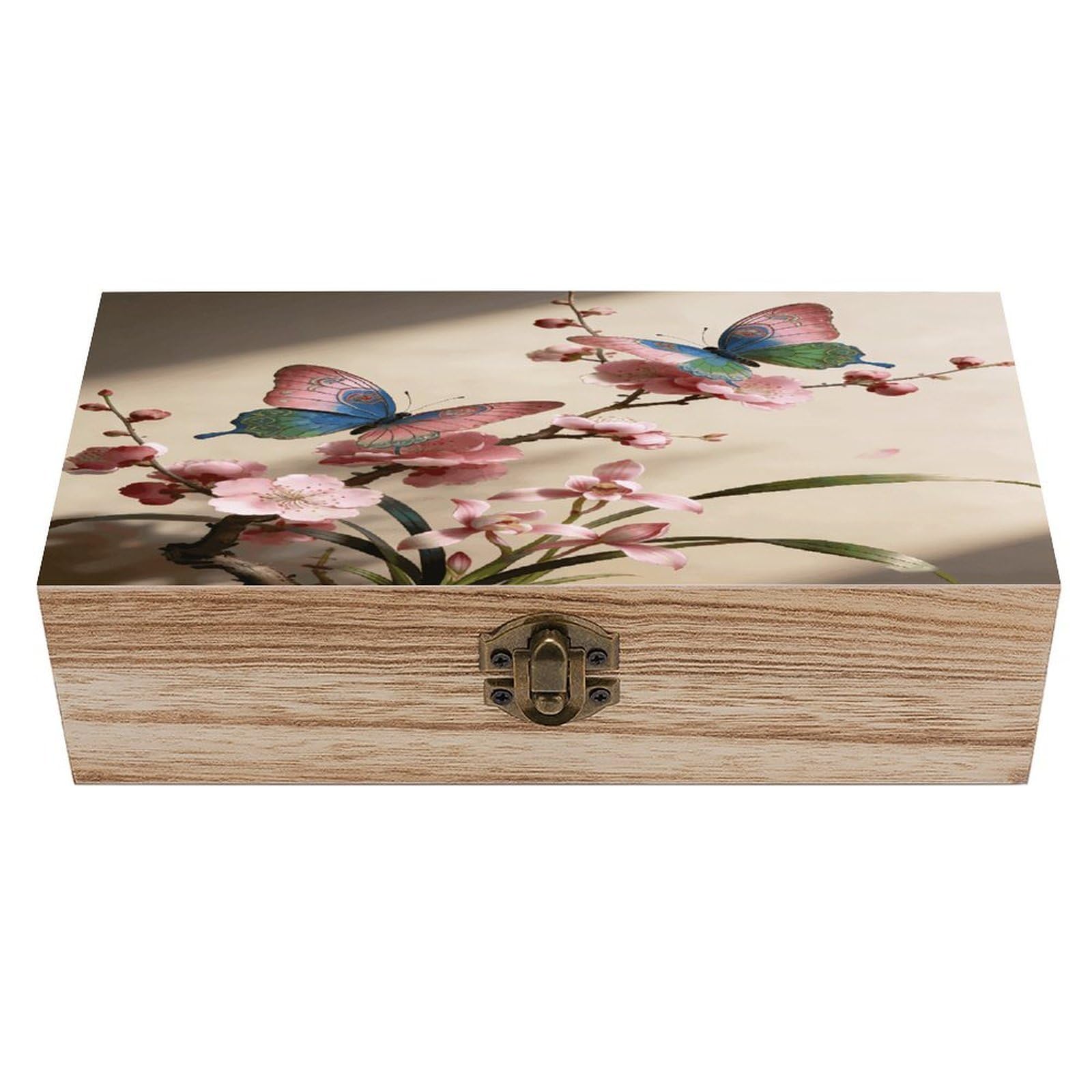 Khauerbc Men's Style Butterfly Perches On The Spring Branch. Locked Wooden Keepsake Box With Hinged Lid For Crafts And Photo Storage,Keepsake Box Jewellery Organiser Unique Gift Ideas For & Wo