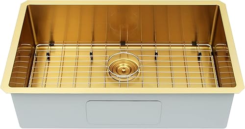 Miniatura 2 de Lonsince Fregadero de cocina empotrado de 30 x 18 pulgadas, fregadero de cocina de un solo cuenco empotrado, fregadero de cocina dorado, fregadero