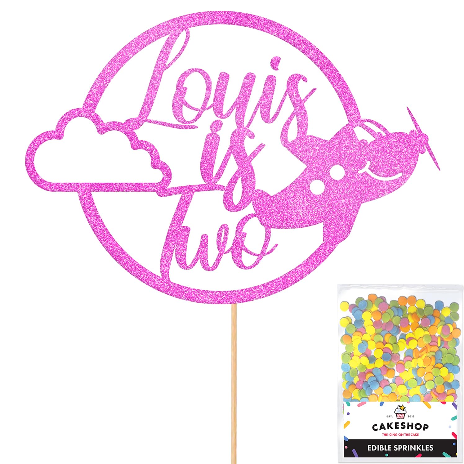 Personalised Plane Aeroplane Glitter Cake Topper- Light Pink Any Custom Age & Name Glitter Cake Decoration and Sprinkles - Happy Birthday Decorations - Personalised Toppers for Cakes by Cakeshop — image 1