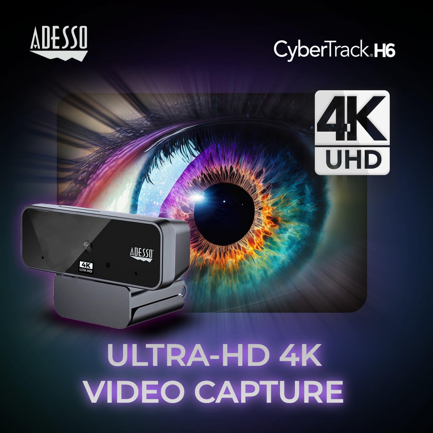 Adesso CyberTrack H6 Webcam USB 4K Ultra HD avec Microphone stéréo intégré et obturateur de confidentialité, Suppression du Bruit, PC/Ordinateur Portable/Mac/Tablette, Fonctionne avec Skype, Zoom,