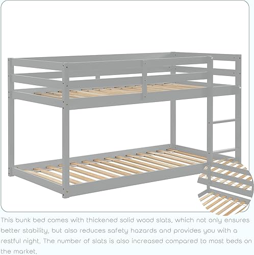 Miniatura 4 de Harper & Bright Designs Literas bajas de madera individual sobre individual, marco de litera con escalera de barandilla de seguridad para dormitorio