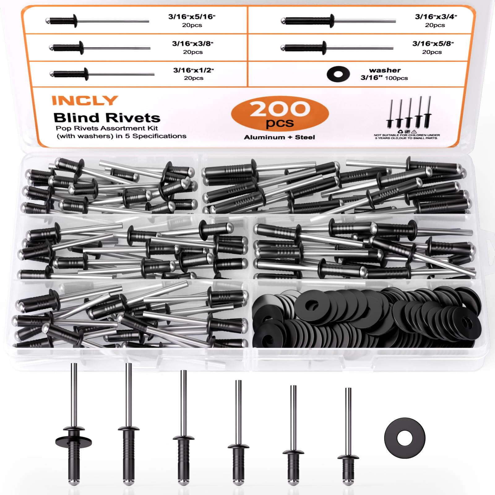 INCLY 200Pcs 3/16 Inches Black Pop Rivets Assortment Kit with Washers