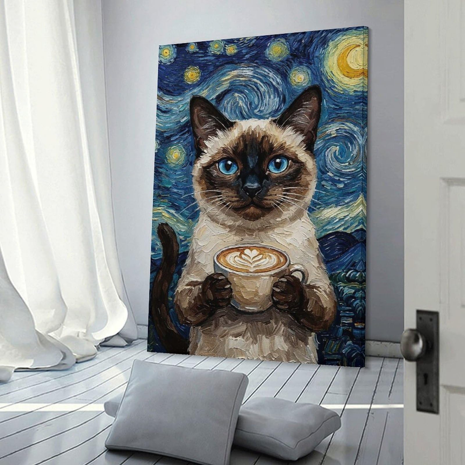 Junmoney Siamese Cat with Coffee, Starry Night Home Decor Wall Art, 16x24inch(40x60cm), for Apartment Walls, Studios Or Work Areas, Decorative Canvas Decor for Home Updates