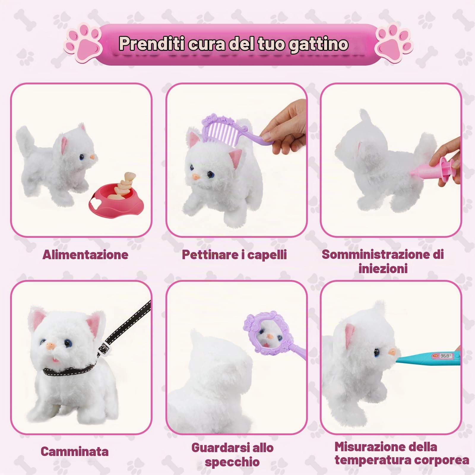 Gatto Giocattolo di Peluche con Guinzaglio che Miagola e Cammina,Interattivo Elettronico Animali Domestici Giocattoli Gatto, Giocattolo Interattivo Include 20 Accessori per bambini 3 4 5 6 7
