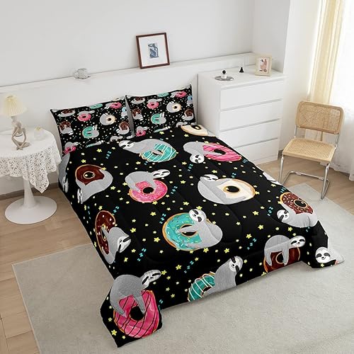 Miniatura 3 de Juego de edredón de perezoso de dibujos animados para niños y niñas, juego de ropa de cama estampado de rosquillas con estrellas con purpurina,