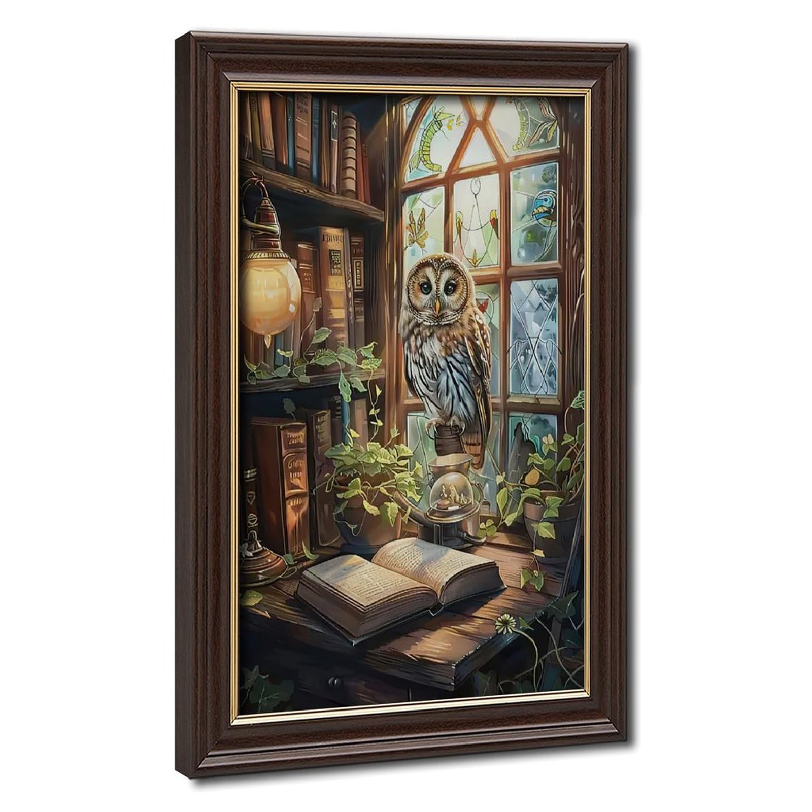 Bareronor Mokume Gane Frame-Style Vintage Owl And Books Canvas Poster For Home Decor Gift