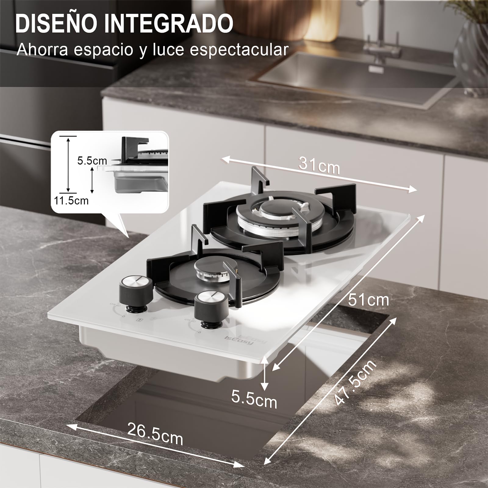 IsEasy Placa de Gas 2 Fuegos Blanco, Encimera de Gas Butano/Natural/Propano, 4300 W, 31 cm, Cocina Empotrable, Cristal Blanco