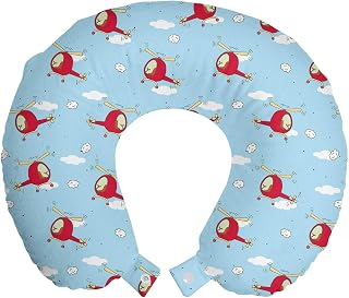 Ambesonne Cartoon Travel Pillow Neck Rest, Helicopters Pattern Hand Drawn Aviation Themed Doodles in Sky, Memory Foam Traveling Accessory for Airplane and Car, 12", Pale Blue Yellow Ruby