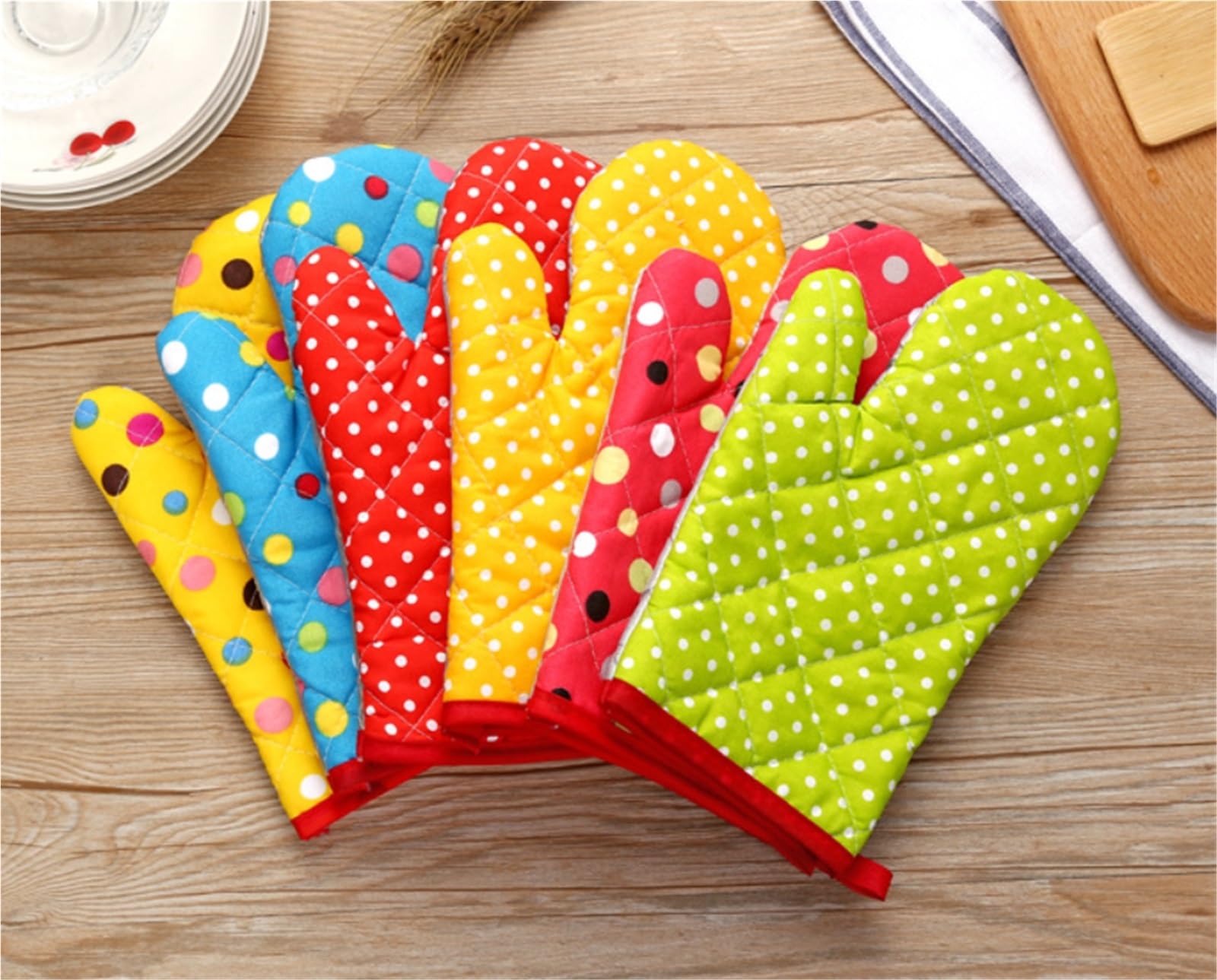 Rękawice Kuchenne Pieczenia 1 Para Żaroodpornych Rękawic Kuchennych Odporne Na Ciepło Bawełniane Rękawiczki Do Gotowania I Pieczenia Kemping Kompaktowe(Green-Small Dot)