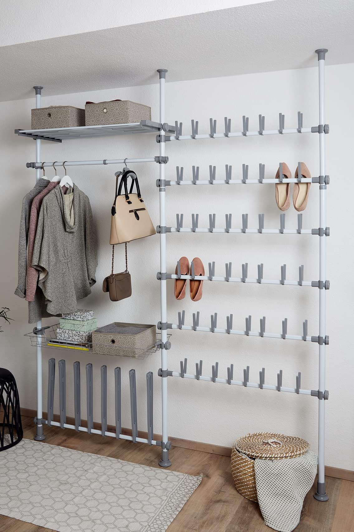 Wenko Porta scarpe telescopico Herkules Shoes - sistema regolabile di organizzazione, scaffale per scarpe, Acciaio, 94 x 165-300 x 9 cm, Bianco