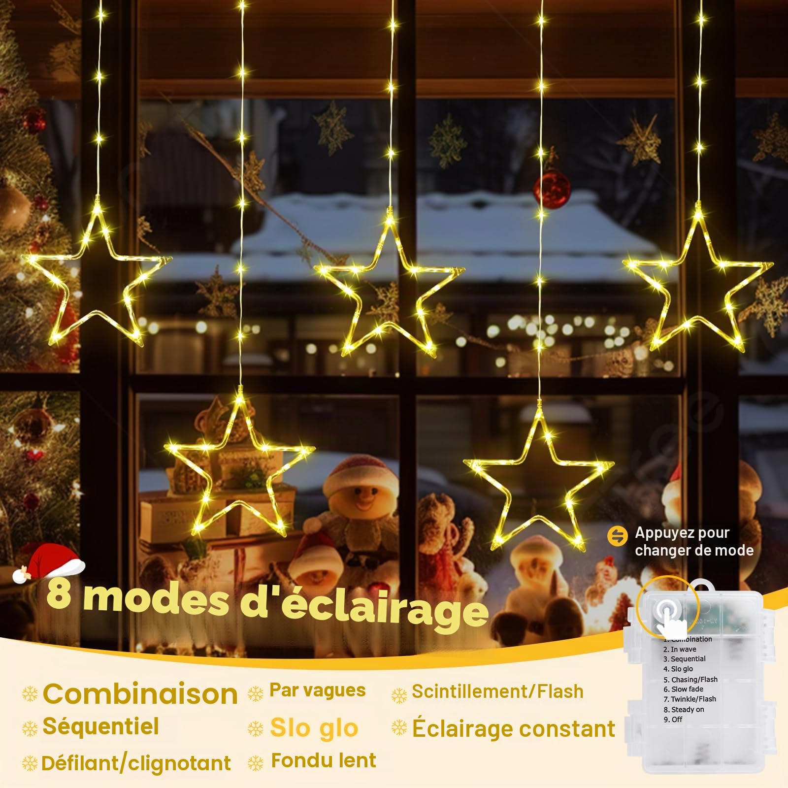 GlobaLink Rideau Lumineux Noël 5 Étoiles 96LED Guirlande Lumineuse Pile 8 Modes Étanche IP65 Minuterie Décoration Intérieur/Exterieure pour Sapin de Noël Fenêtre Chambre - Blanc Chaud