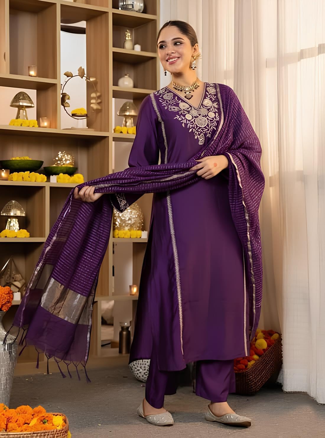 Women Embroidery Solid Straight Kurta & Pant Set with Dupatta | Salwar Suit Set - Indian Ethnic Traditional Wear Kurta Set