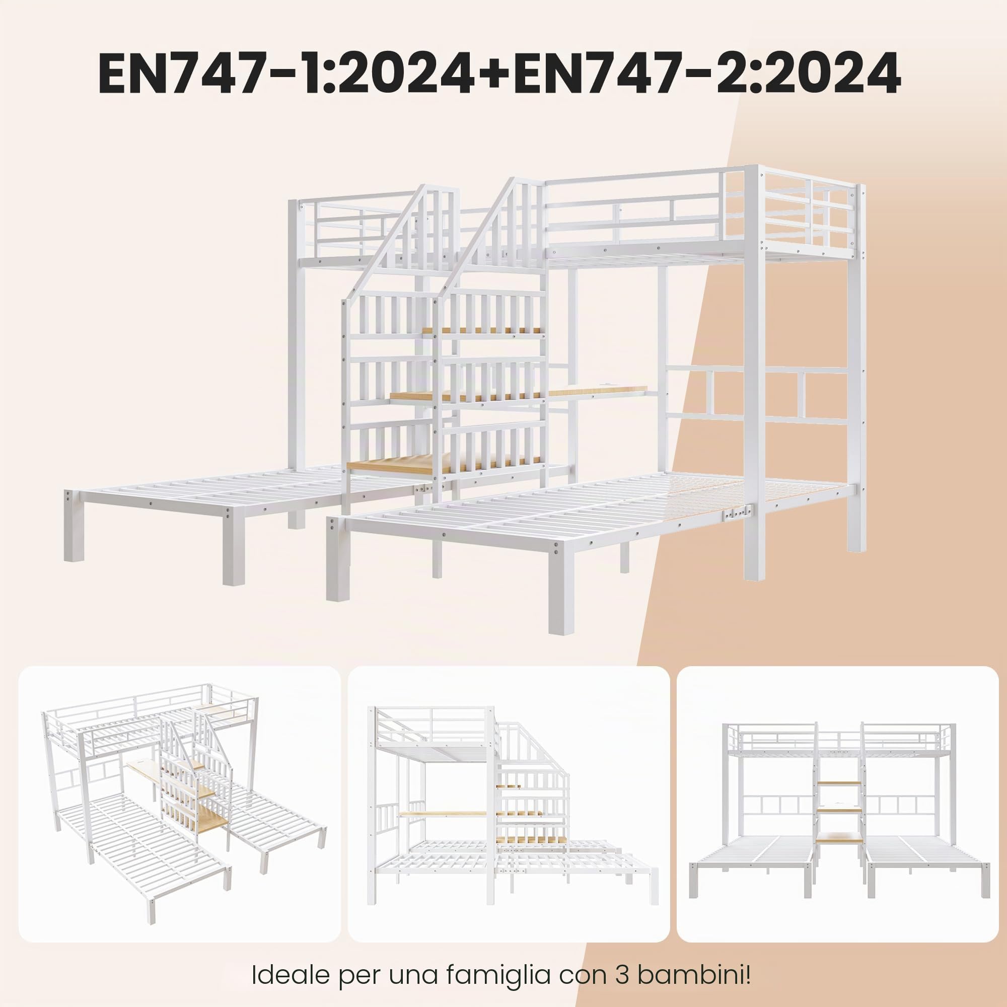 Letto a castello 90 x 200 cm con 3 letti, modalità LE/D, scala di archiviazione, design US/B e scrivania, struttura del letto in metallo + MDF, senza materasso per cameretta dei bambini