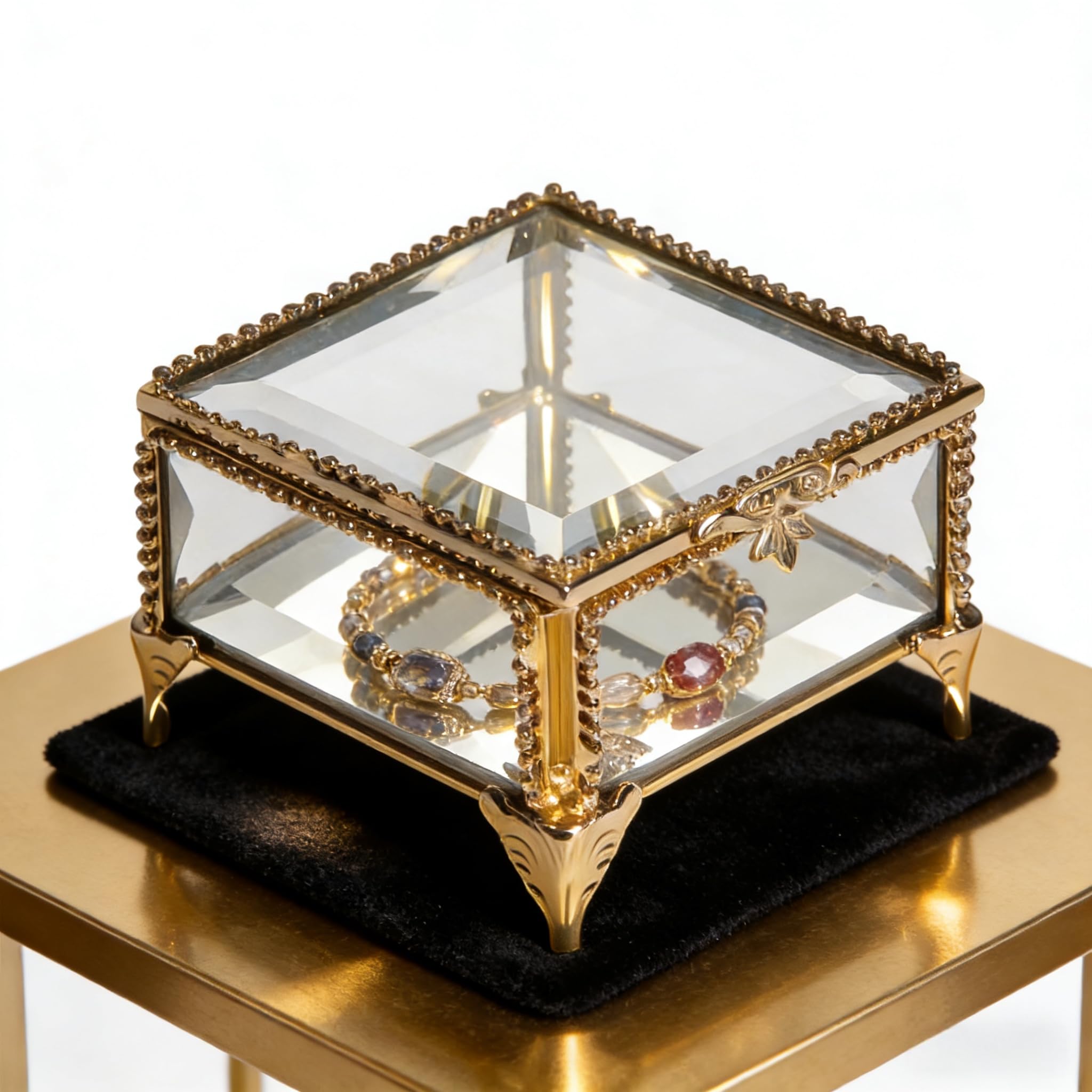 Joyero rectangular de cristal vintage con tapa con bisagras, 8.3 x 8.3 x 5.8 cm, caja de recuerdo para anillos, baratijas y más (dorado)