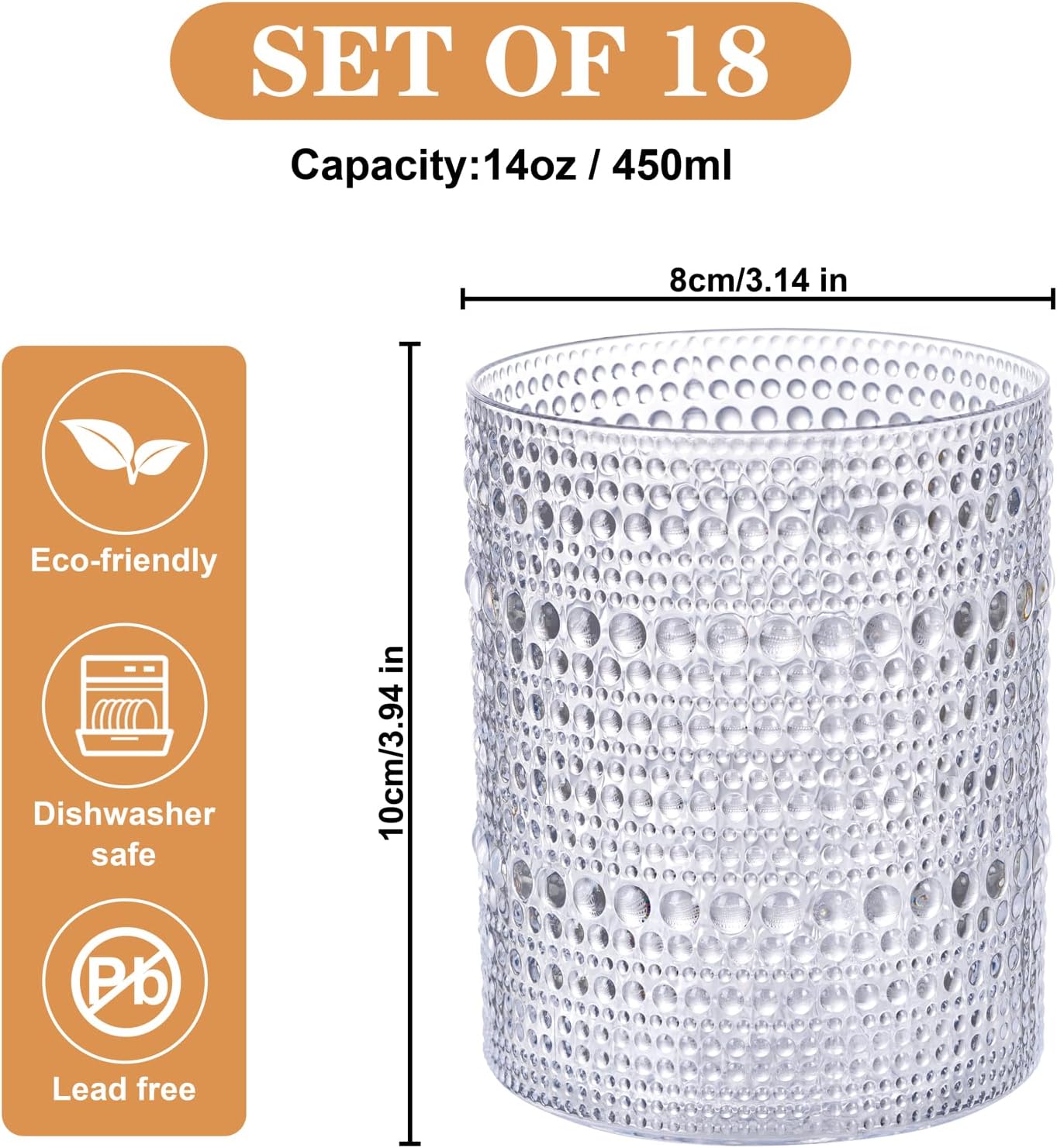 18PCS Plastic Hobnail Drinking Glasses - 14 Oz Clear Vintage Glasses Mixed Drinkware Sets - Disposable Beaded Cups for Beer, Whiskey, Juice, Cocktail, Wine, Party - Image 3