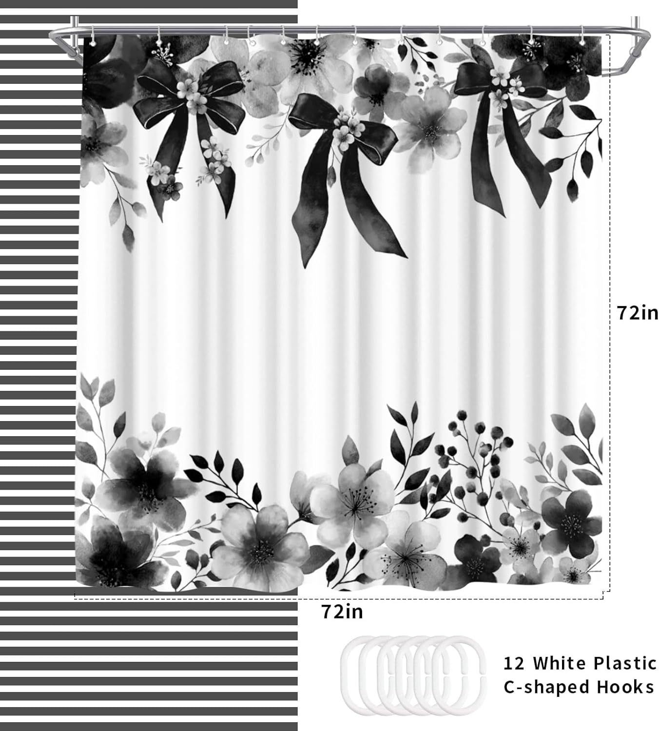 WELMECO Floral Shower Curtain Watercolor Bow Painting Printed Bathroom Decor Polyester Fabric Curtain, 72x72inch with Hooks (Grey)