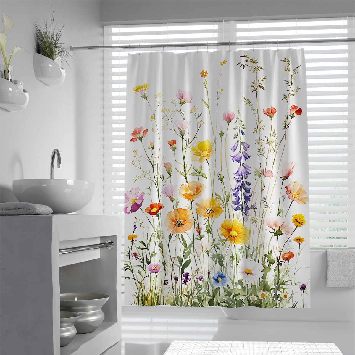 UIRINGART Fresh Floral Shower Curtain W200xL220cm Watercolor Botanical Print Waterproof Fabric Mildew Resistant Quick Dry Bathroom Liner with Hooks