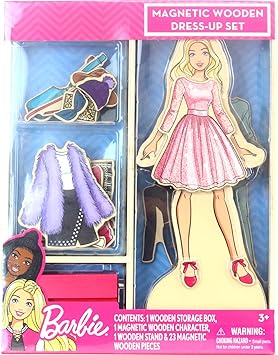Barbie Magnetic Wooden Dress Up Toy Pretend Play Set with Wooden Barbie Doll, Mix & Match Outfits & Storage Box Educational Magnetic Toy for Girls Ages 3+