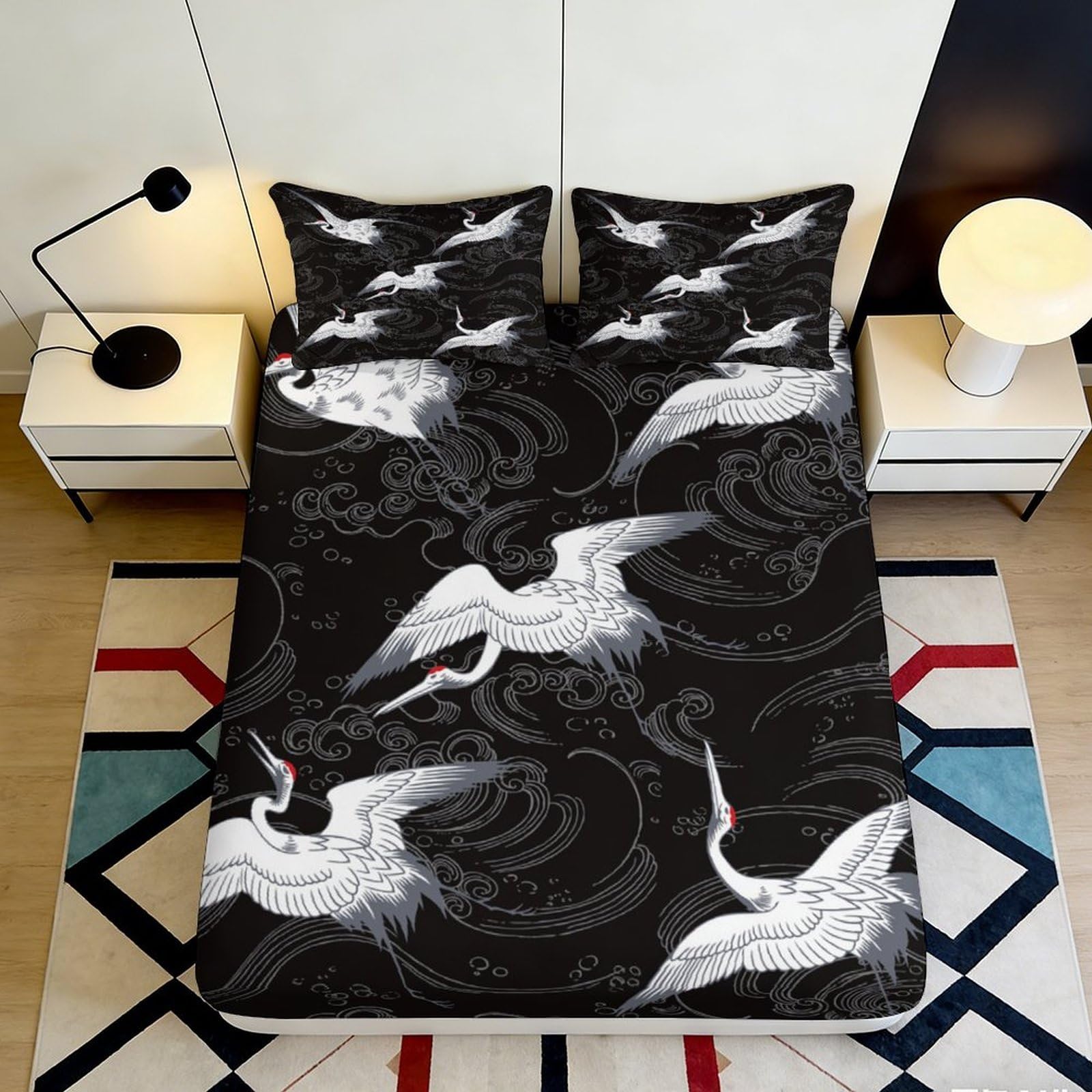 3D Printed Japanese Crane Fitted Sheet Microfiber Black Artistic Wave Mattress Cover Bedroom Protector Decor 120x200x25cm