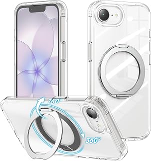 Cresee Case for iPhone 17e / iPhone 16e Phone Case, 360° Magnetic Ring Stand Compatible with Magsafe, Clear Hard Back + TPU Bumper Shockproof Cover with Magnets for iPhone 17e / 16e - Transparent