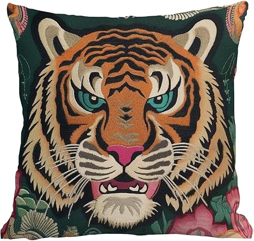 Miniatura 6 de ArogGeld Funda de almohada de tigre colorido estilo chinoiserie, funda de almohada europea de tigre tibetano, funda de almohada asiática de 20 x 20