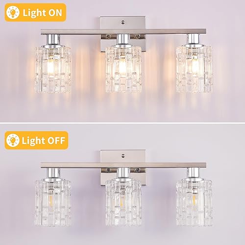 Miniatura 4 de Lámpara de tocador de baño cromada plateada de 3 luces, iluminación moderna con pantalla de cristal, accesorios de iluminación de baño de montaje en
