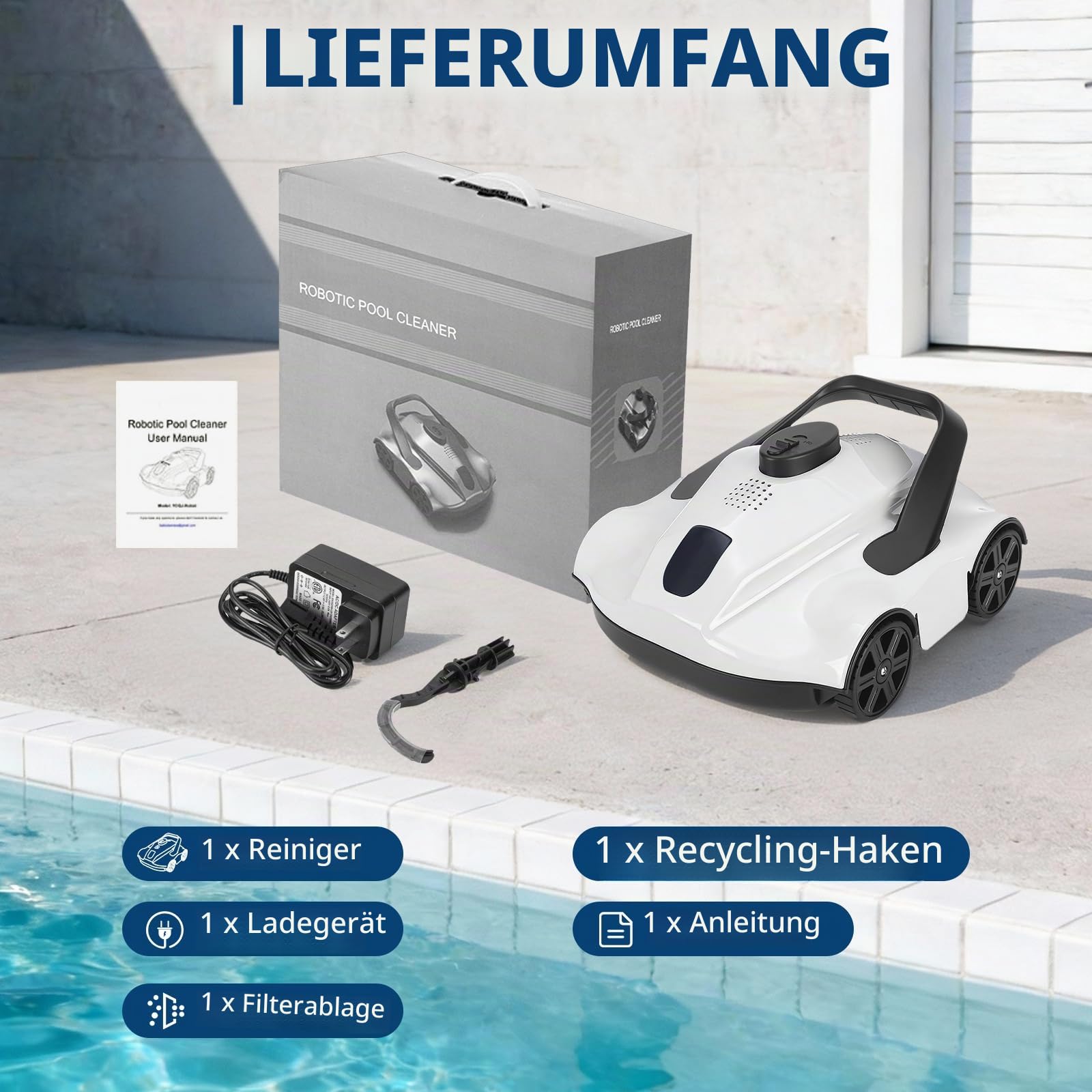 Poolroboter Kabelloser Poolsauger für Aufstellpool, bis 130 Min Akkulaufzeit, automatische Rückkehr zum Beckenrand, effizienter Bodenreiniger mit Filtersystem, leichtes Design und einfache Bedienung