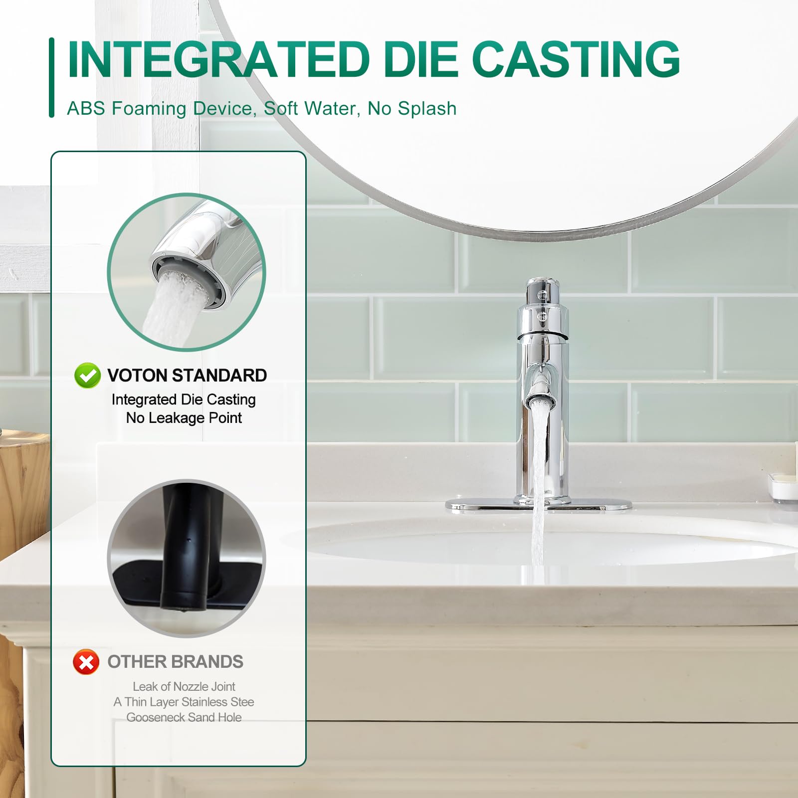 VOTON Chrome Bathroom Sink Faucet Single Handle Stainless Steel for 1 or 3 Hole Faucet for Bathroom Sink — view 4