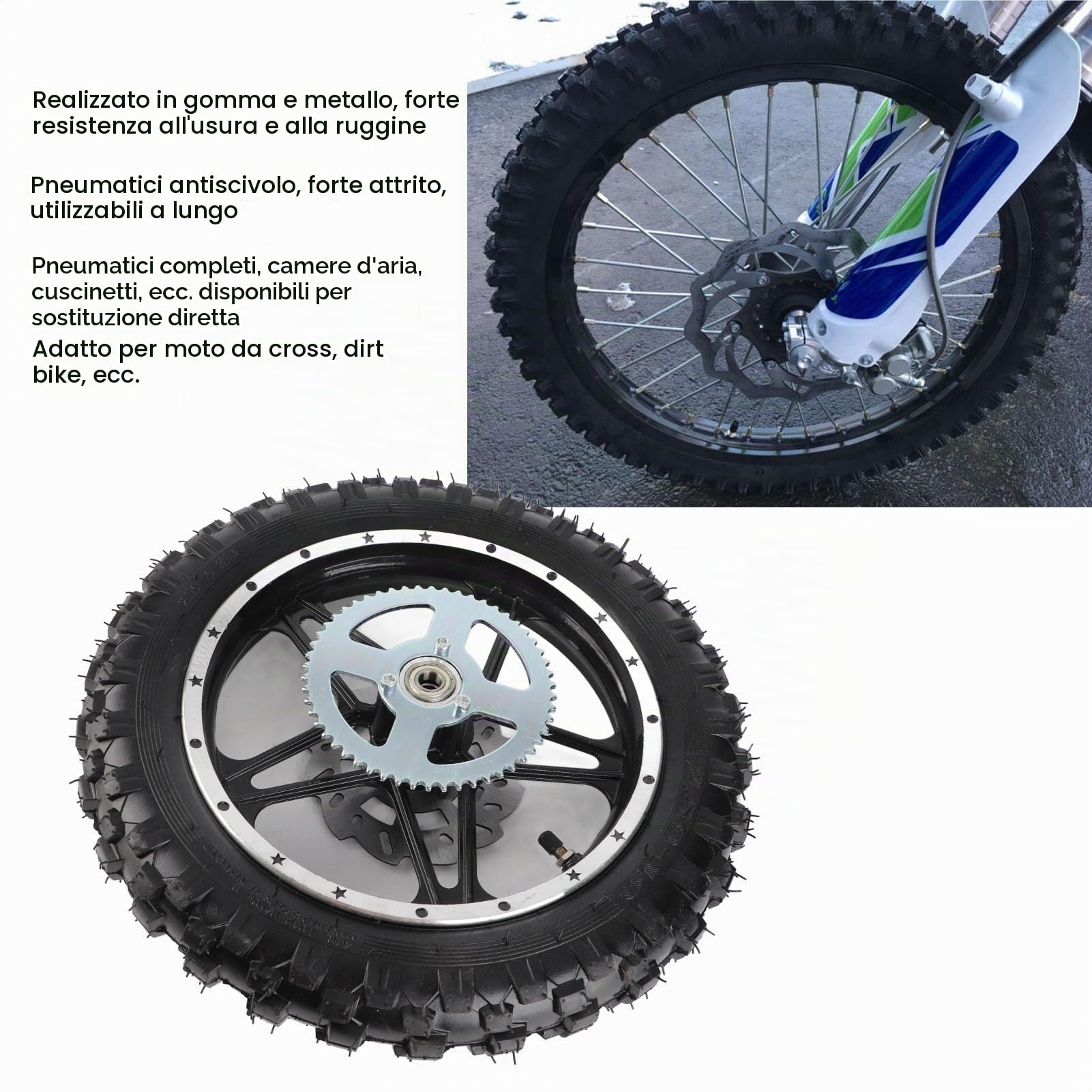 Yctze Dirt Bike Posteriore Gomma Metallo 2,5 – 10 con Disc Offroad Moto Motocross, Mini Bicicletta, Cerchione e Pneumatico, Dirt Bike R