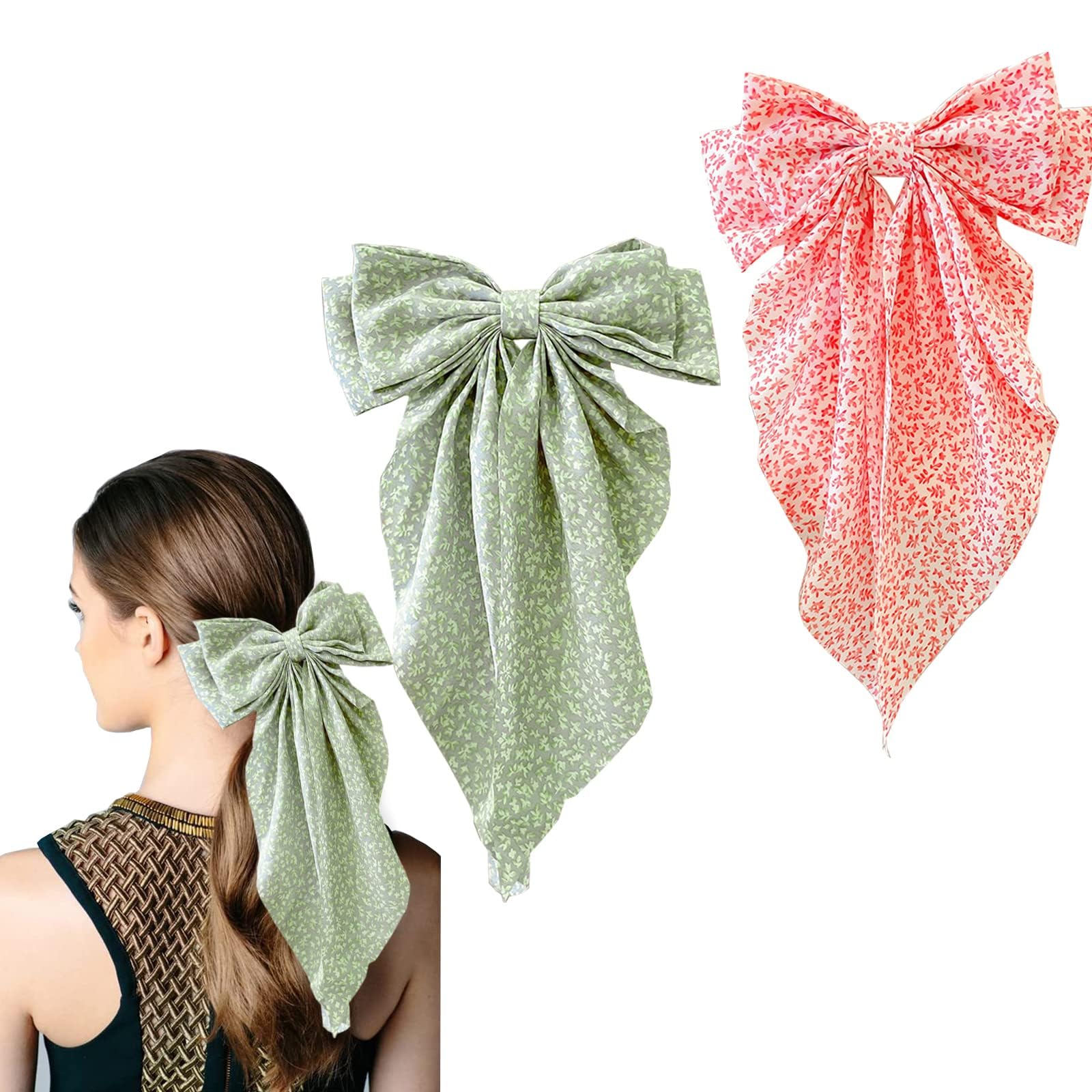 MAKINGTECBig Bow Hair Clips,2pcs Long Tail French hair Bows for Women Girl, Satin Silk Bow Hair Barrette, Two color Bow Hair Dress Up Accessories for Birthday/Party/Show (Green&Pink)