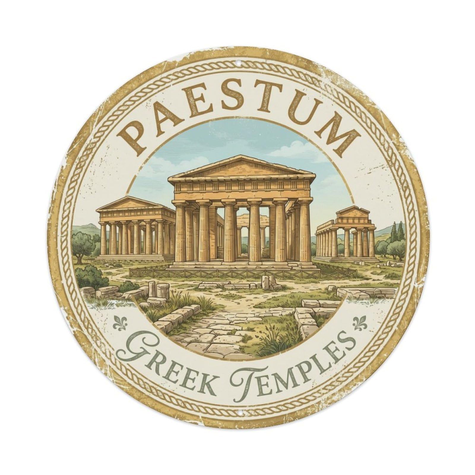 Vintage Travel Paestum Greek Temples Metal Tin Sign Plaque Wall Decor for Cafe, Club Bar, Office, Home Garden Round Metal Poster 8x8Inch