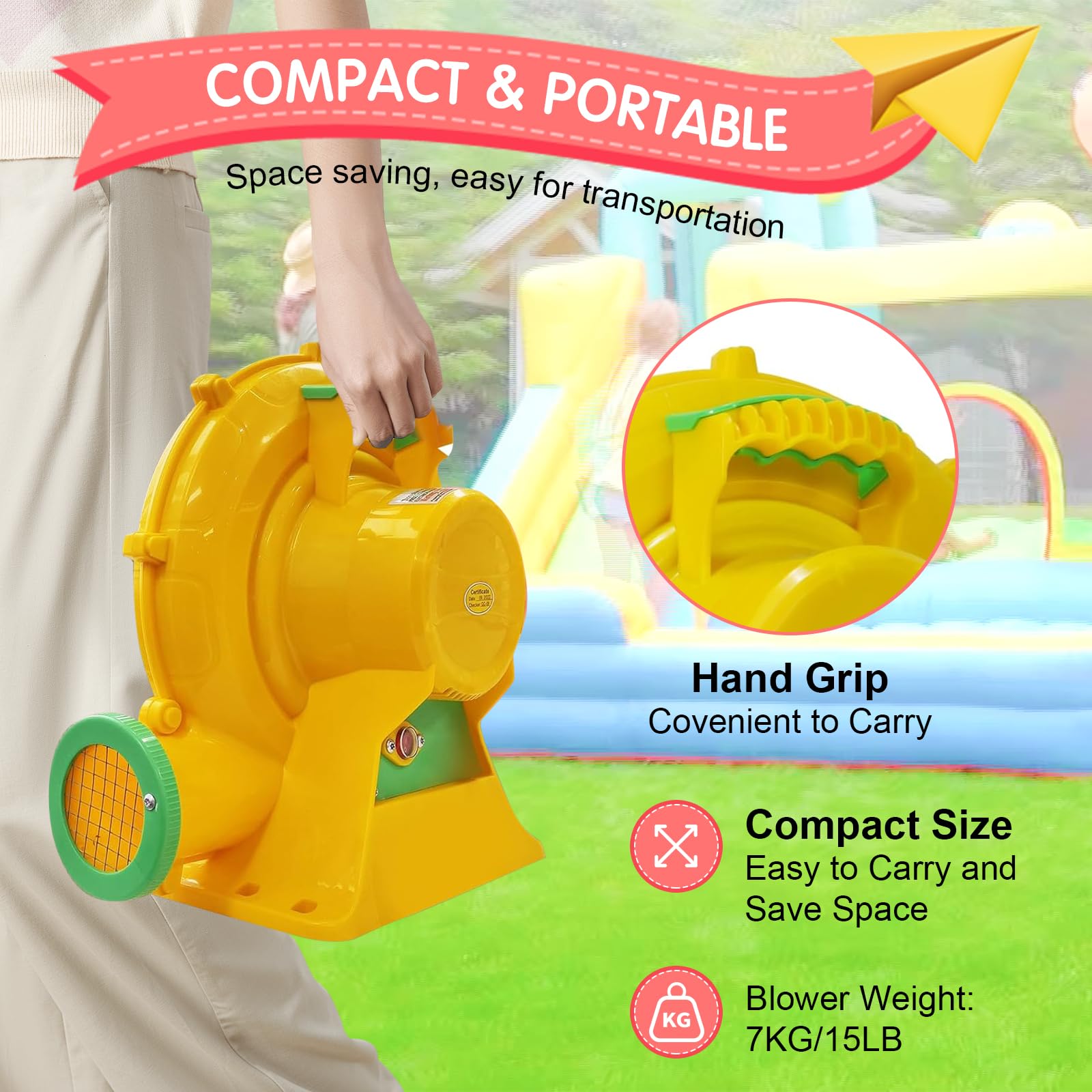 750W Soplador Eléctrico y Bomba de Aire con Mango y Estacas, Ventilador de Extracción Comercial para Castillo Hinchable, Castillo Inflable, Tobogán de Agua