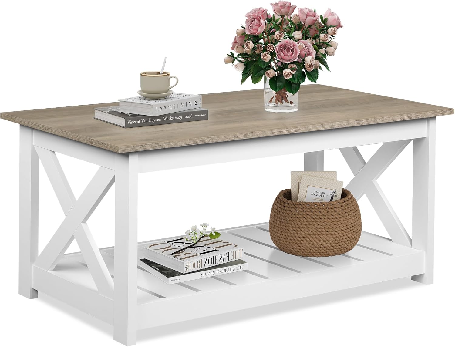 WLIVE Coffee Table, 40.1″ Farmhouse Coffee Table with Slatted Storage Shelf & X-Shape Frame, 2-Tier Wood Center Table for Living Room, Balcony, Grey & White