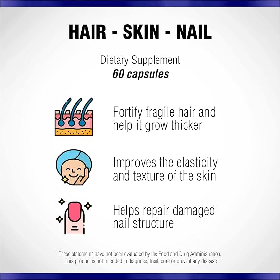 Hair Skin and Nails Supplement 60 Capsule by Natural Systems - Strong Nails and Hair Growth Vitamins for Women and Men - Natural Biotin Hair Skin and Nails Vitamin - Skin Protection Supplements