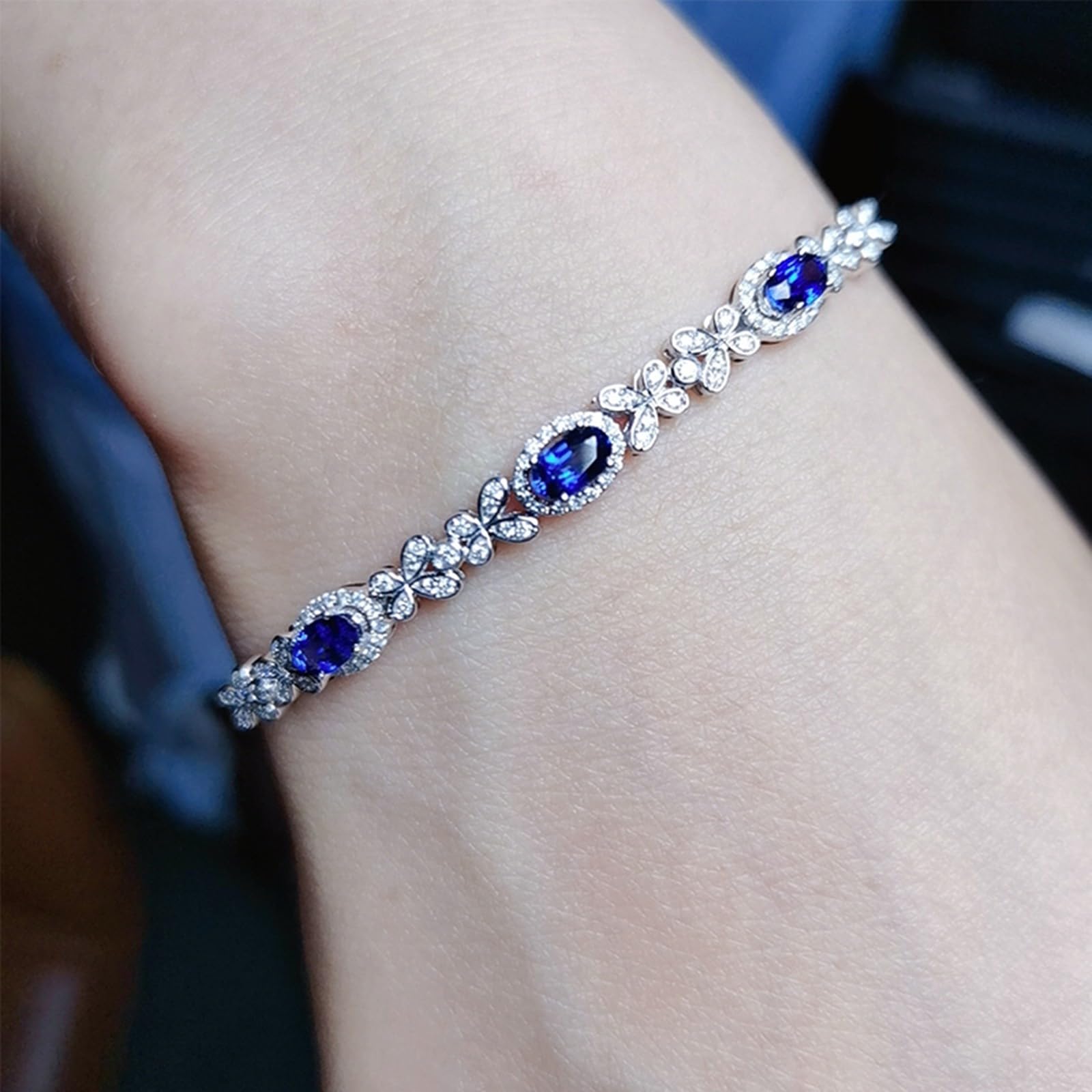 Bracciali in Oro Bianco 18k/14k/9k Vero, Bracciale con Zaffiro Sintetico 1.2ct 16-18 cm Estensione 4 cm con Moissanite, Braccialetto Donna Matrimonio