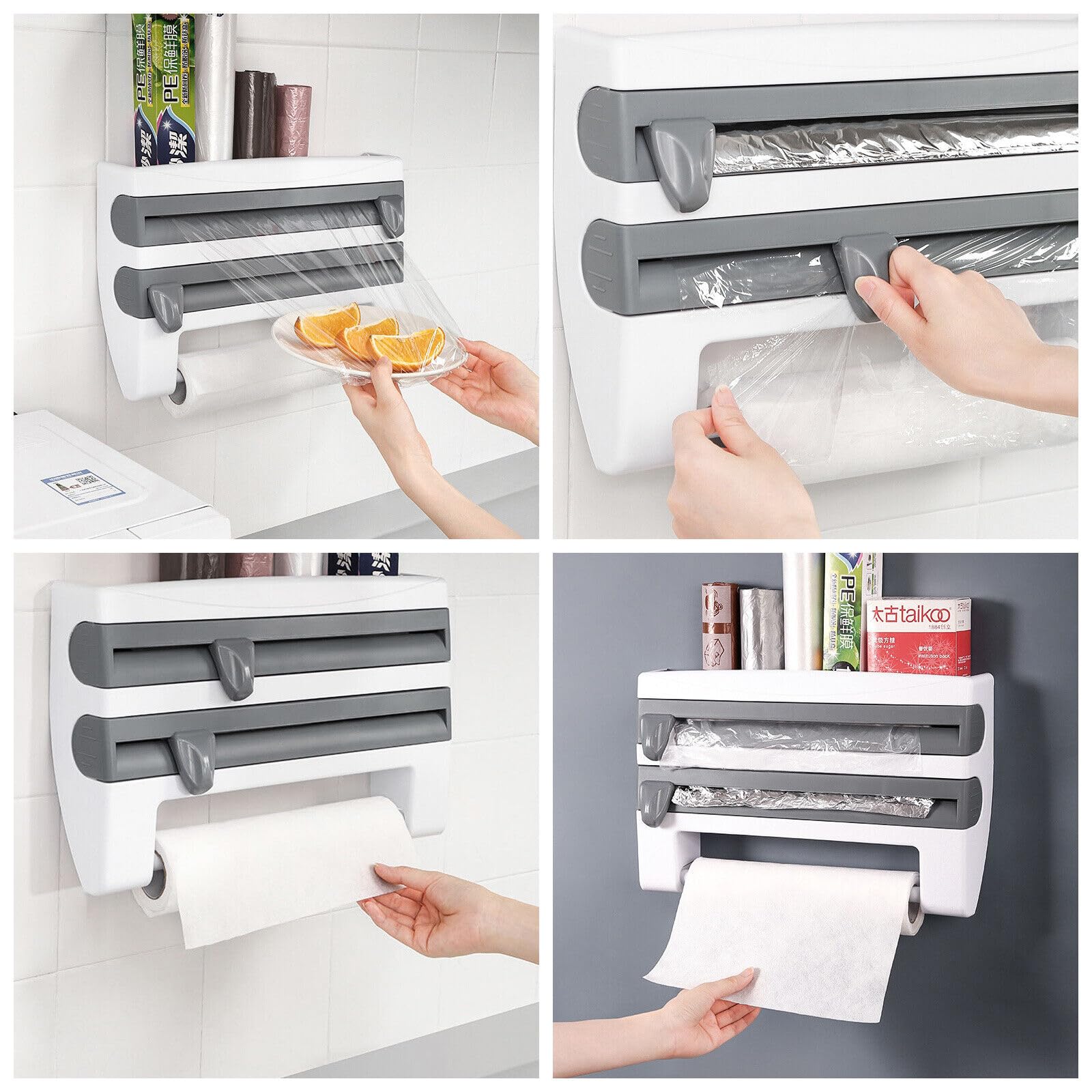Portarotolo da parete 4 in 1, da parete, con ripiano, dispenser per rotoli da cucina, senza foratura, per pellicola e rullo da cucina