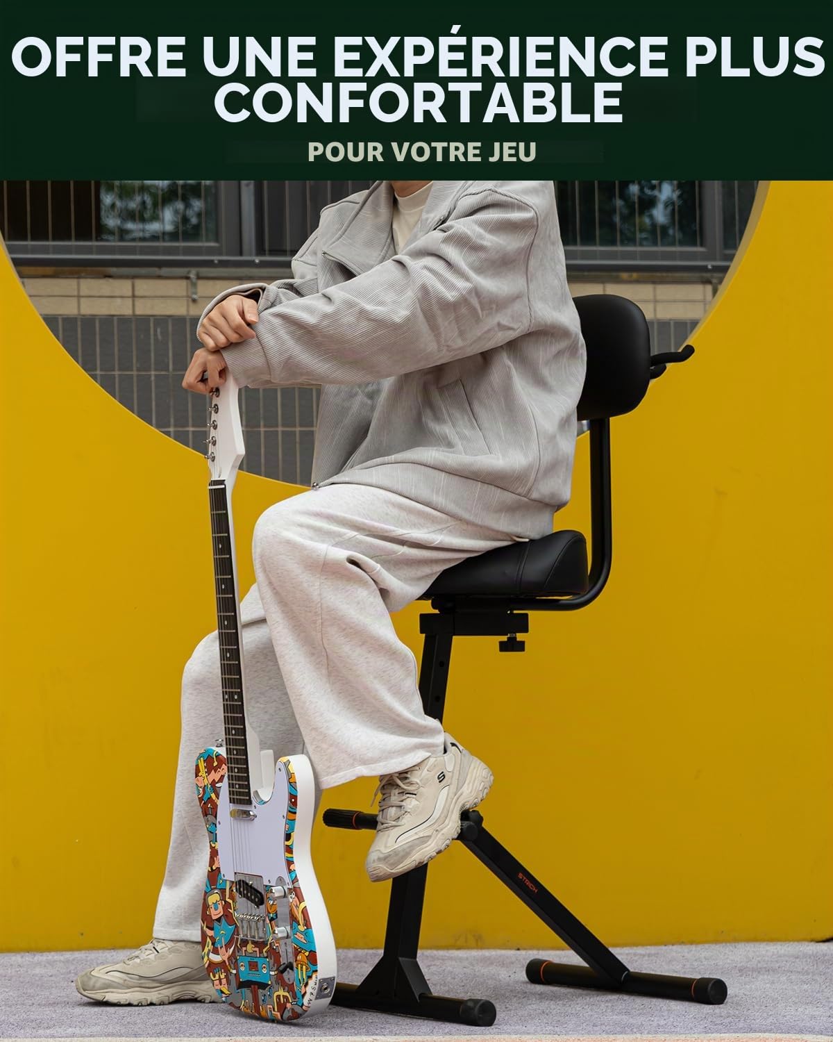 Strich SGT-40 Tabouret de Guitare avec Dossier, siège réglable en Hauteur avec Crochet de Suspension pour Basse électrique Acoustique, Tabouret de Batterie pour Adultes, batteurs et guitaristes