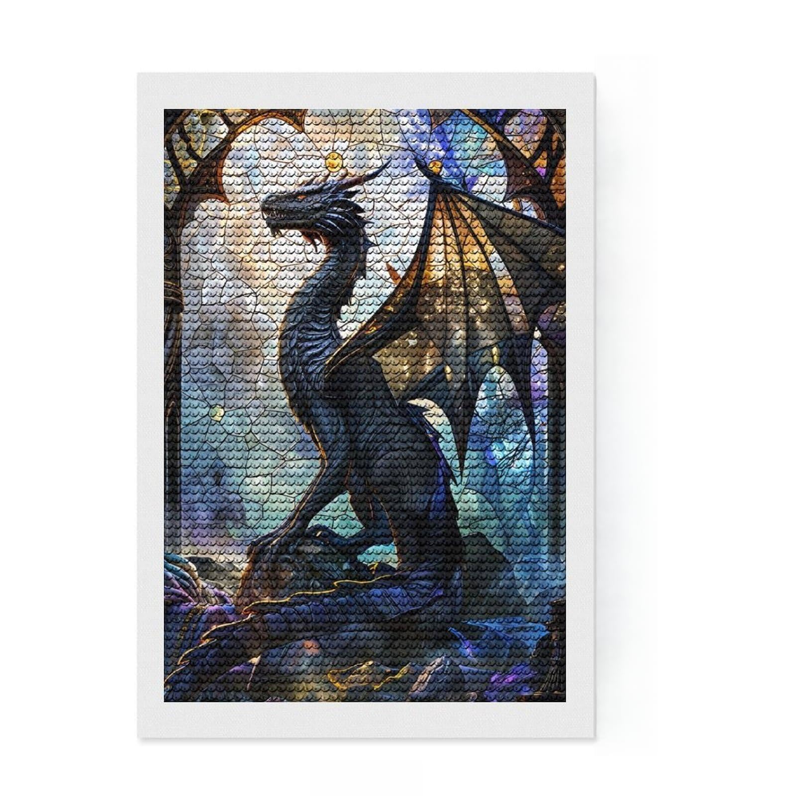 Junmoney Tranquil Stained Dragon Diamond Art Canvas 8"x12", Full Kit Included, Bedroom Decor, for Beginners, Thoughtful Handmade Gift