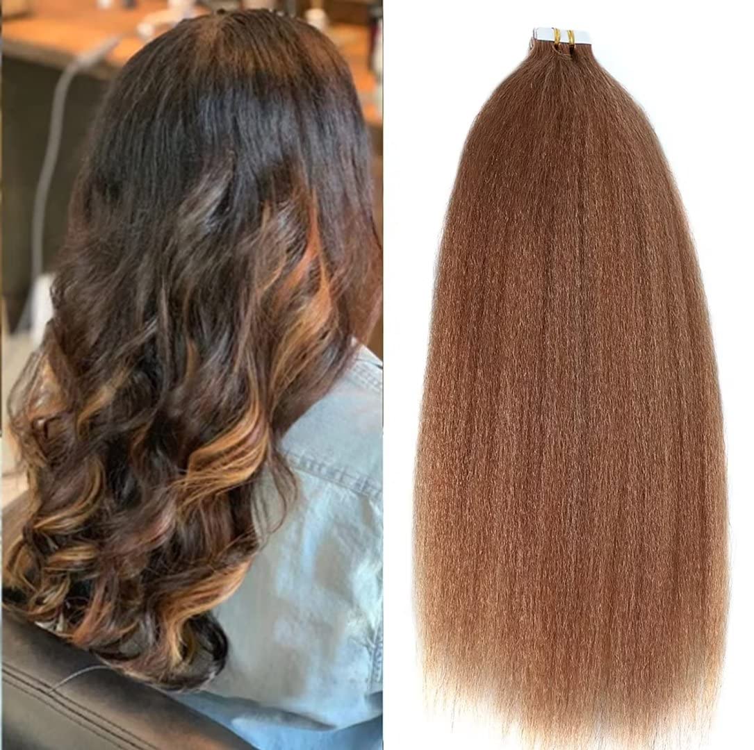 Honey Blonde Kinky Straight Tape In Hair Extensions Human Hair For Woman Seamless Remy Tape in Hair Extensions Real Human Hair for Invisible Skin Weft 16”