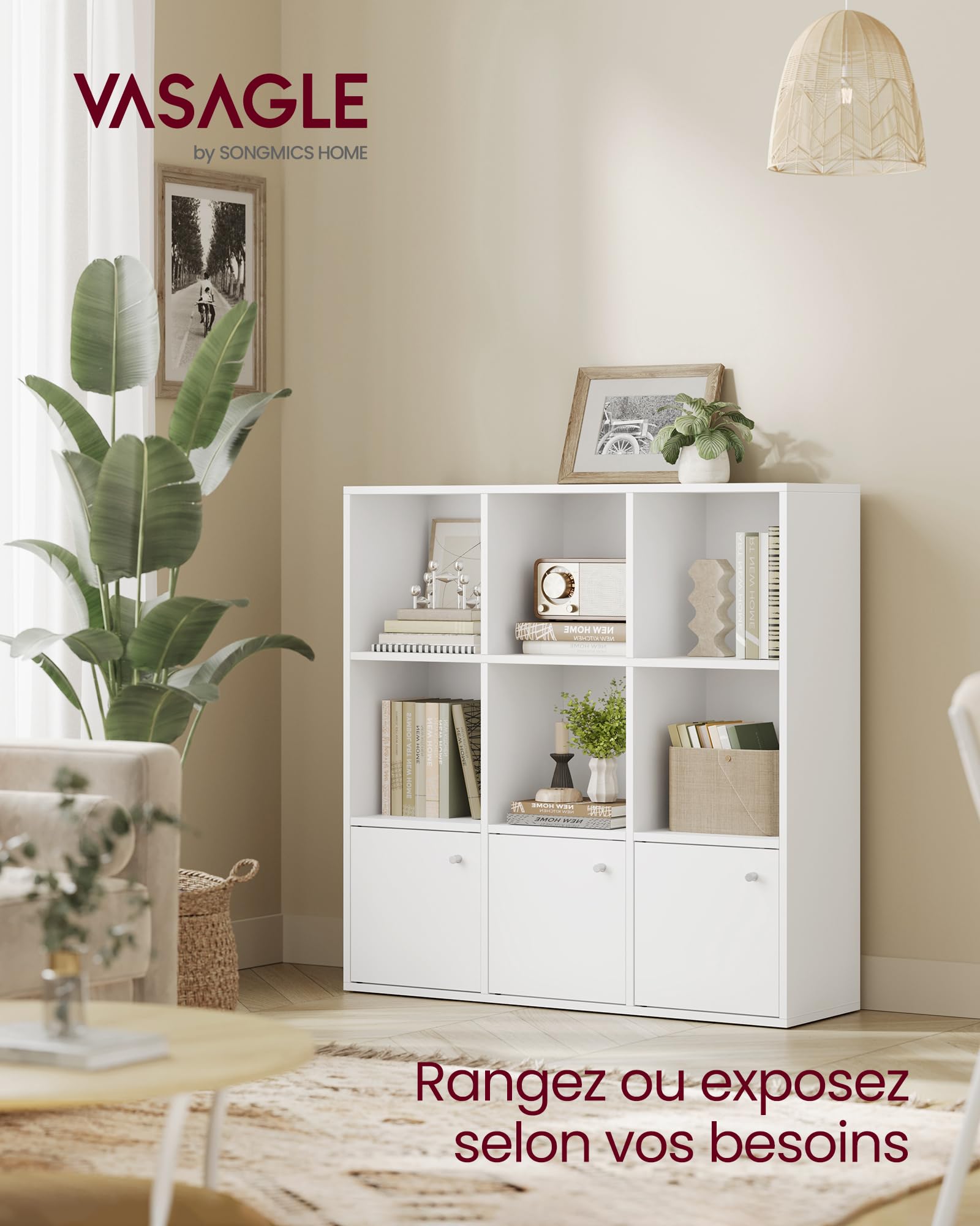 VASAGLE Custos Collection - Bibliothèque, Étagère, Meuble de Rangement, Armoire, 3 Placards avec Portes en Bas, pour Salon, Chambre, Chambre d'enfant, Bureau, Moderne, Blanc LBC33WTV1