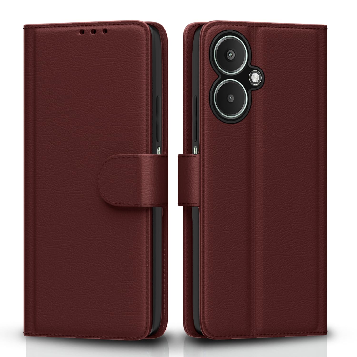 Pikkme Flip Cover Leather Finish | Inside TPU with Card Pockets | Wallet Stand and Shock Proof | Complete Protection Flip Case for Redmi 13C 5G(Brown)